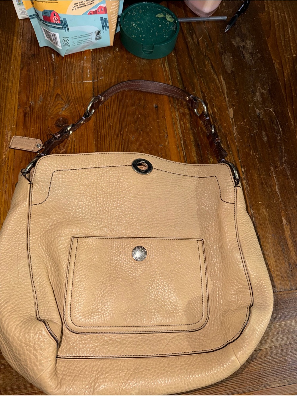 Coach Pebbled Leather Large Shoulder Hobo Bag Beige Tan Purse 15x11